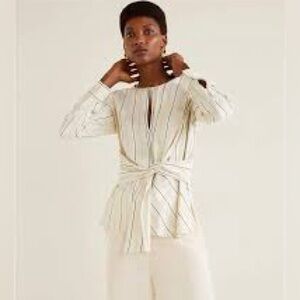 Mango White Striped Blouse with Tie-Front Size S